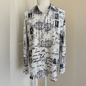 White and Black Script Print Button-Up Shirt